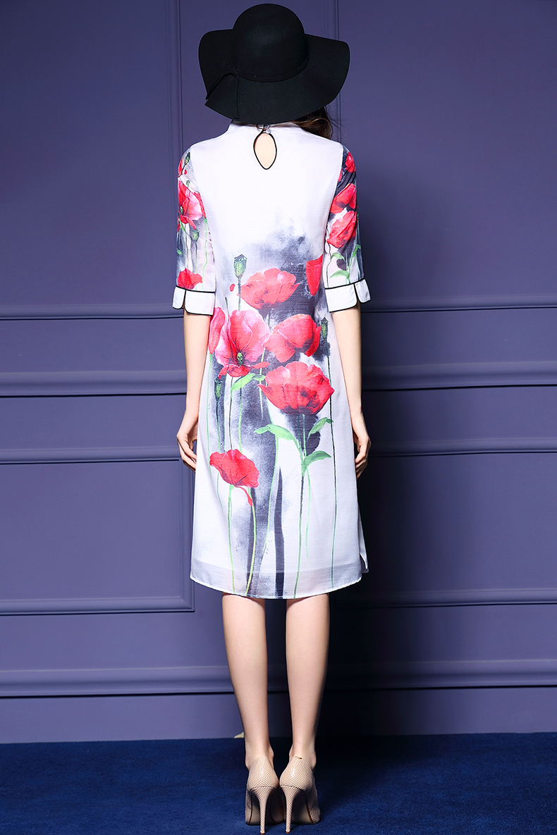 femly 法曼丽 女装中长款裙2016夏装新款立领中袖荷叶印花宽松连衣裙