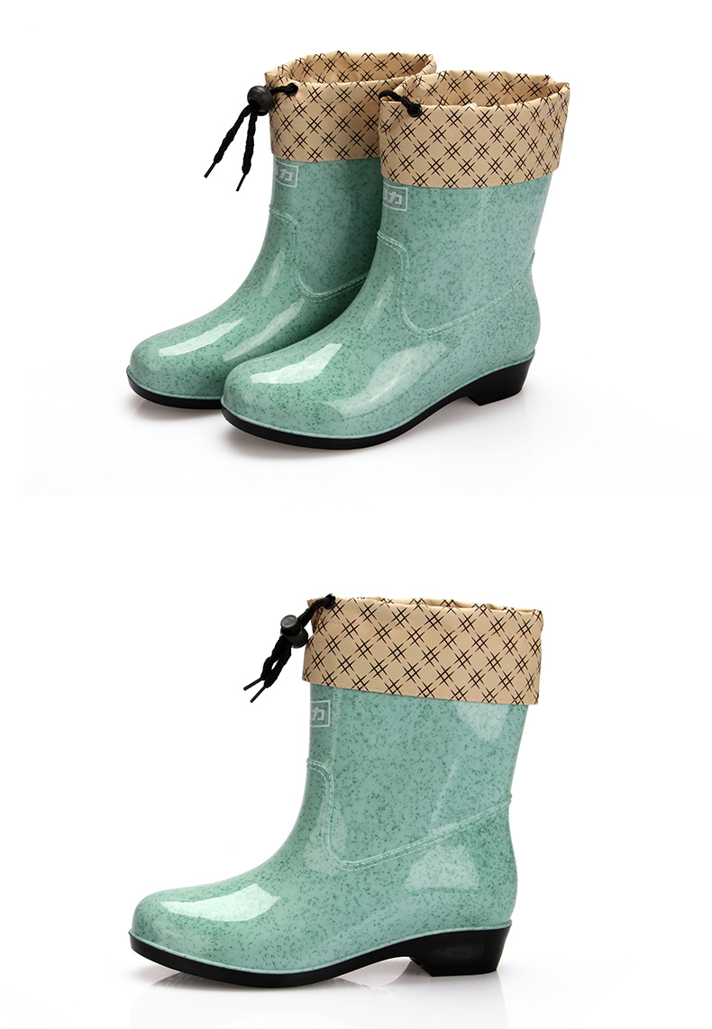 回力时尚雨鞋女款防滑耐磨女士加绒雨靴中筒水鞋平跟套鞋胶鞋墨绿加绒