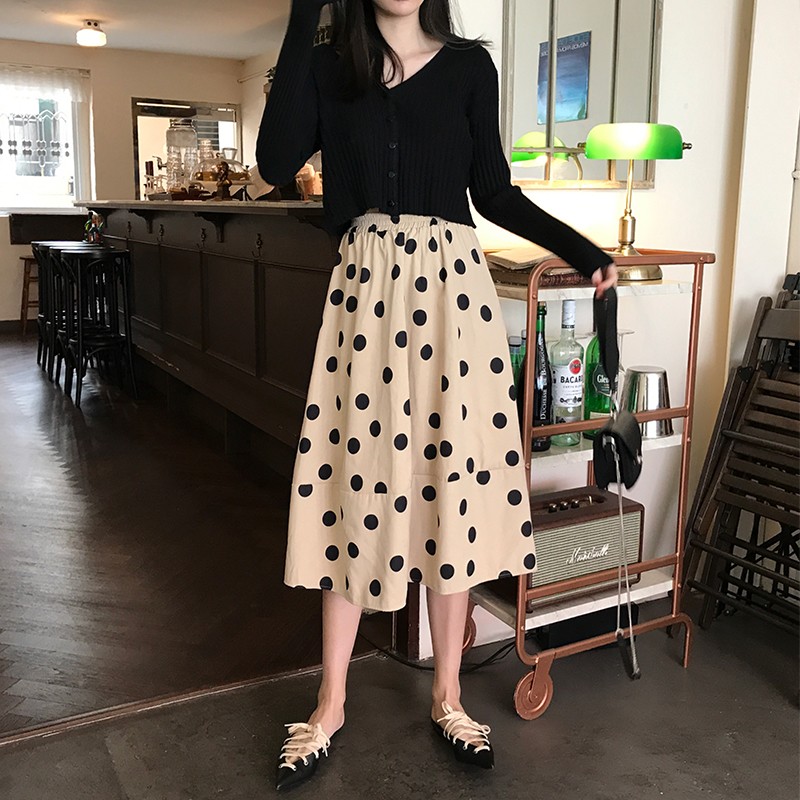 丝柏舍2020春新款女复古高腰大摆显瘦中长款波点半身裙s92r2160b 米色