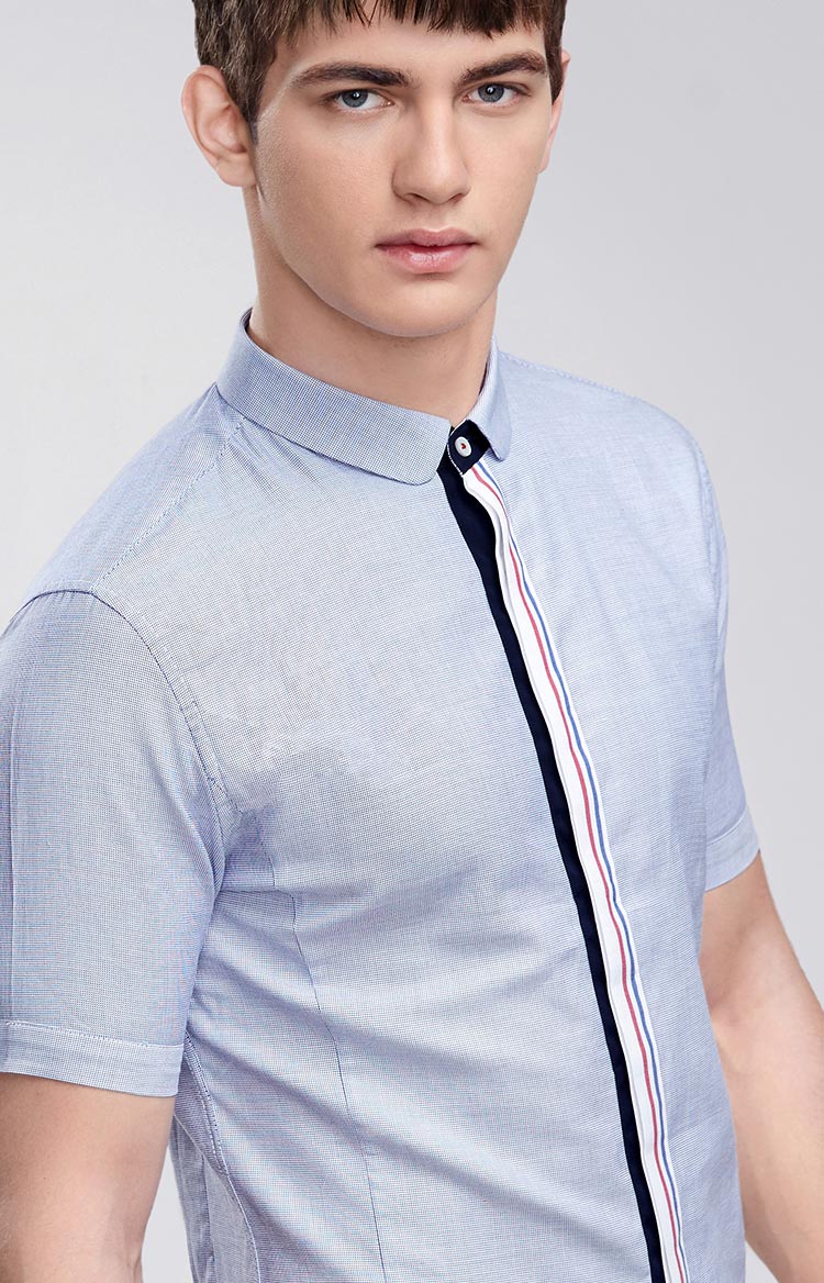 卡宾cabbeen纯棉休闲男士衬衫 细格纹修身圆角领短袖衬衣c/3152111056