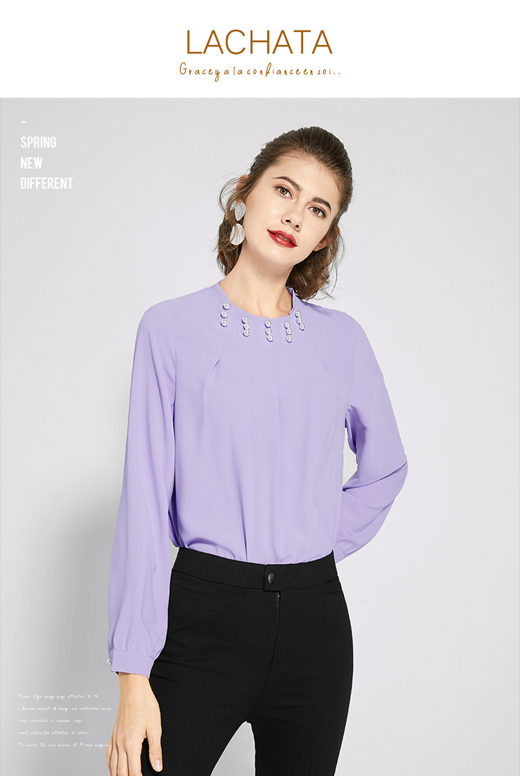 lachata 2019年秋款钉珠设计领口褶锏纯色百搭圆领长袖衬衫女 黑色 m