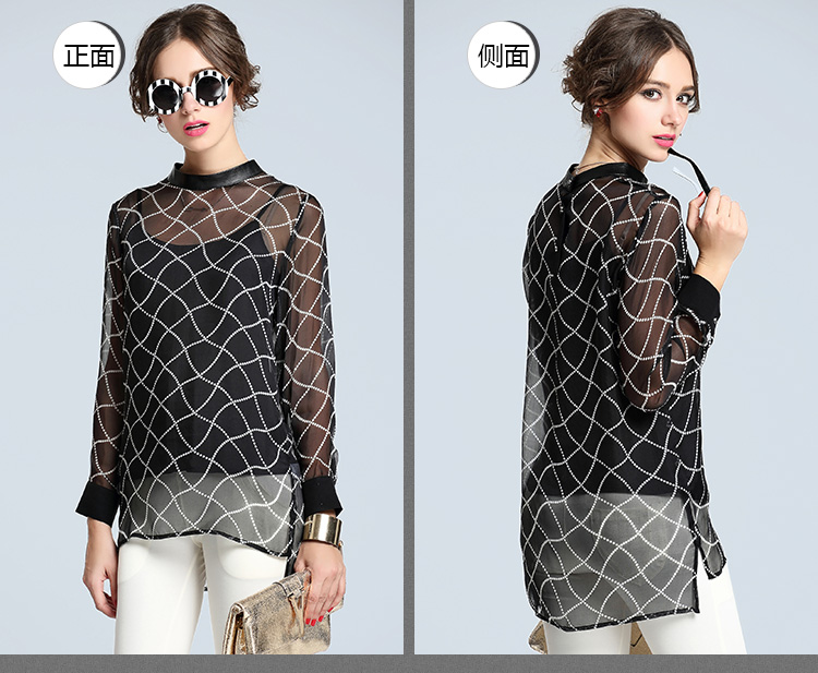 2016春夏新款欧洲站真丝打底两件套格纹衬衣圆领lk-5259 黑色 xl