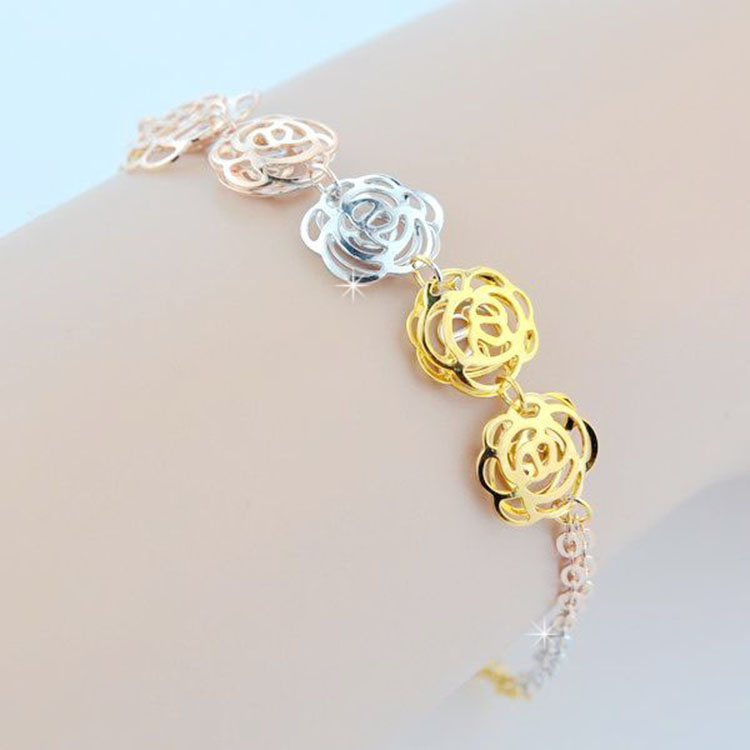 祥空925银手链彩银玫瑰花手链女款彩银手链银饰品