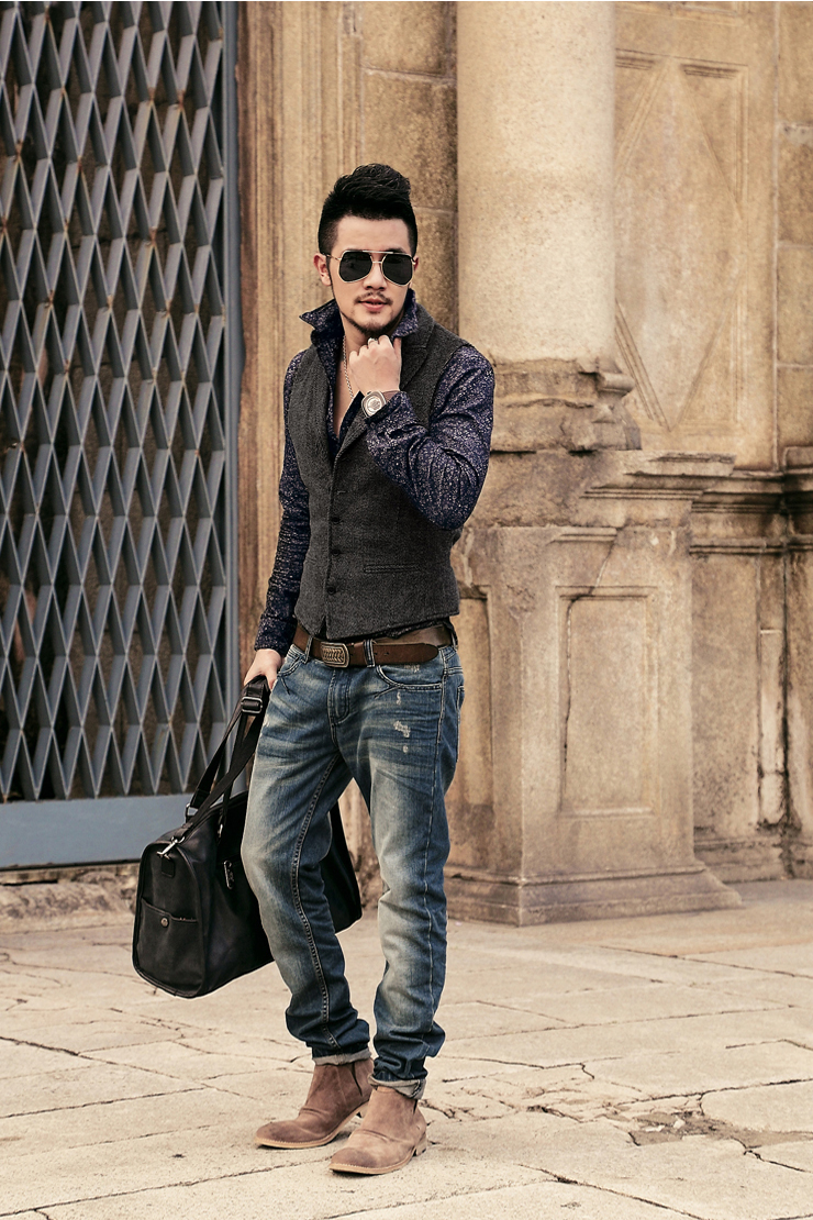 型男会社型男春季新款男装复古怀旧水洗破洞长裤修身牛仔裤男k538复古