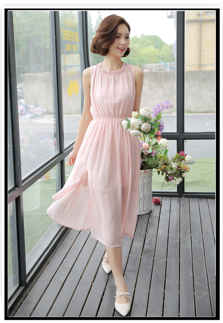 veginina 雪纺连衣裙夏小清新2016新款女装韩修身显瘦无袖背心长裙