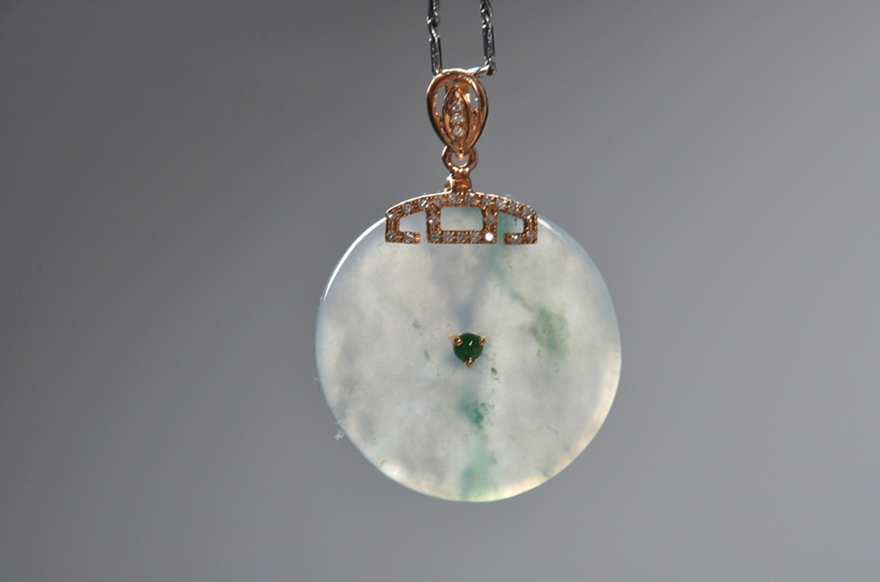 翡翠18k金镶钻冰糯种飘花平安扣挂件6.22克 御阖玉器