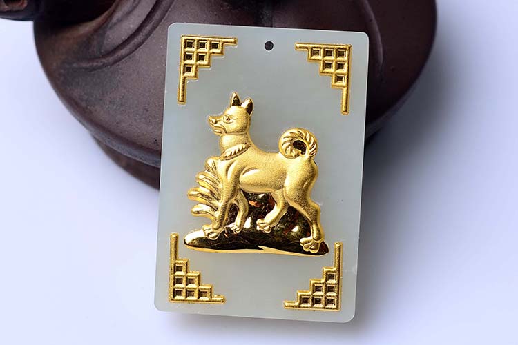 皇福缘 金镶和田玉十二生肖牌吊坠男女款挂件项链 生肖兔