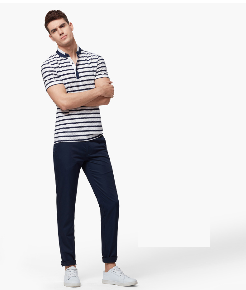 翠迪鸟 夏季轻薄弱弹力商务休闲t恤衫新款蓝白条纹立领透气男装 白