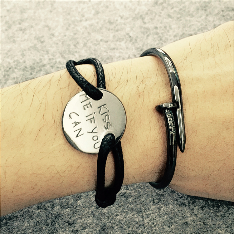 韩国权志龙 g-dragon同款蜡绳钛钢情侣手链男女手环 黑色蜡绳-金牌_ 3