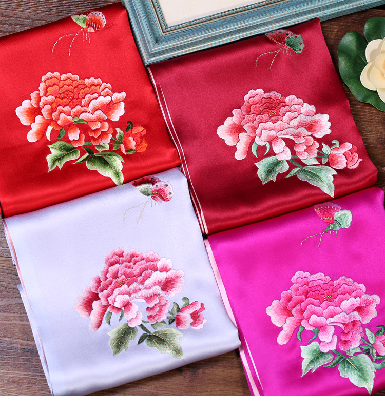 礼物送妈妈礼品牡丹手工刺绣酒红蓝粉披肩送老外苏州丝绸围巾 酒红色