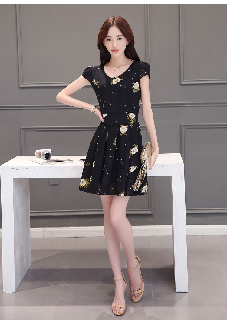 夏季短袖雪纺连衣裙夏装大码女装韩版修身显瘦百褶a字短裙子夏天 黑色