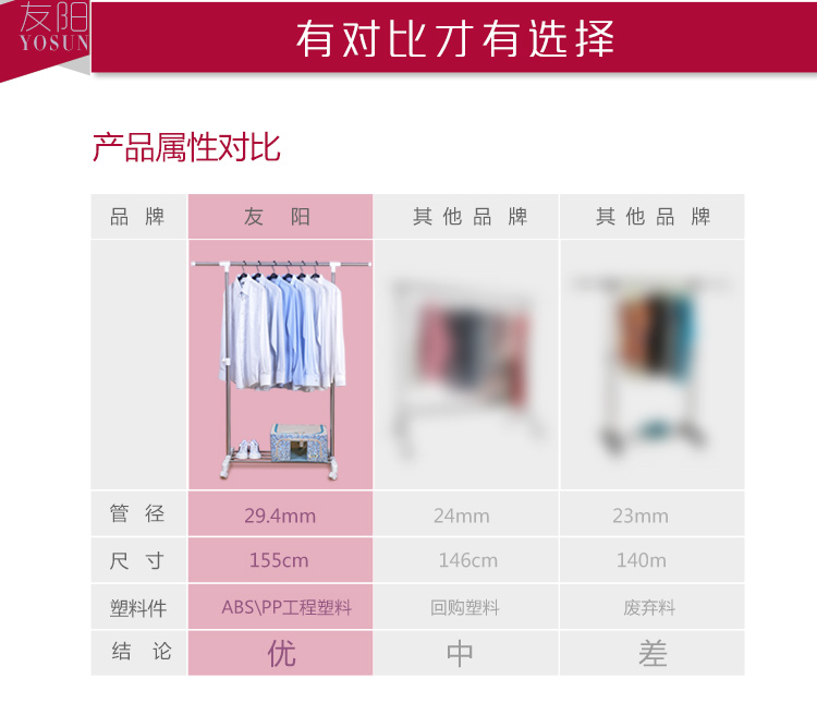 友阳单杆晾衣架落地不锈钢可伸缩挂衣架 加粗加厚