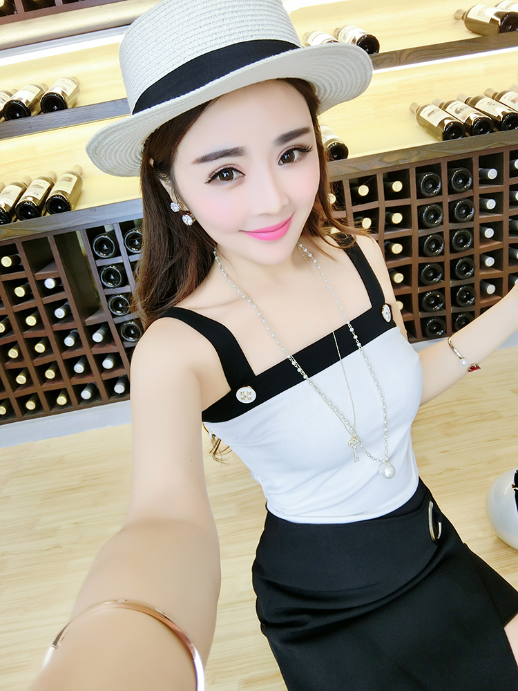 时尚拼色短款吊带小背心 高腰修身包臀短裙 图色 均码