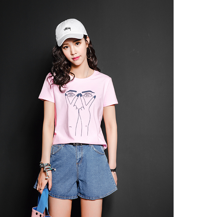 5新品】七格格2016夏装新款 搞怪剪刀手印花图案 宽松t恤 女 粉色 s