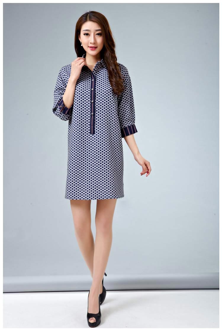 阿玛施款2016春夏季新款女装polo领波点七分袖棉质中长款衬衣连衣裙