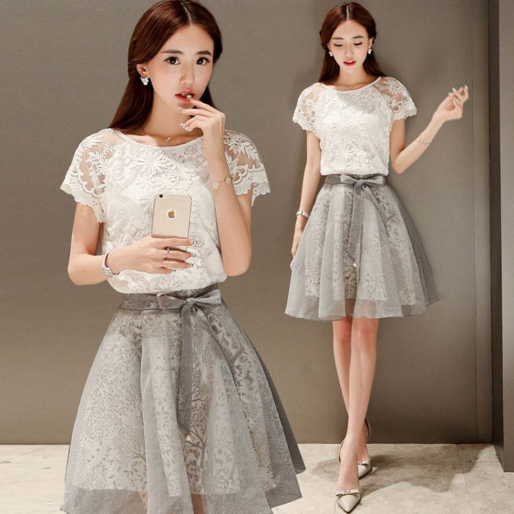 花田雅织夏季名媛女装两件套连衣裙中裙蕾丝短袖套裙纱网裙套装d4