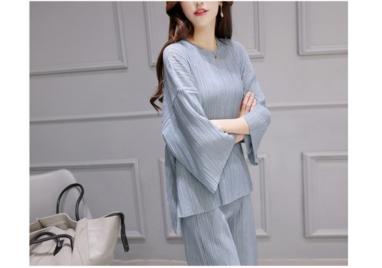 卿言(she says)清凉透气宽松气质百褶上衣 阔腿裤两件套套装 1006