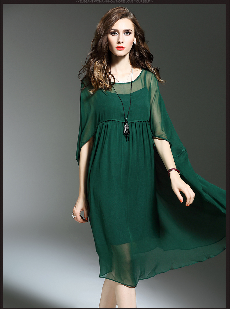 伊莲娜2016夏季新款真丝连衣裙女夏宽松中长裙纯色圆领短袖大摆裙