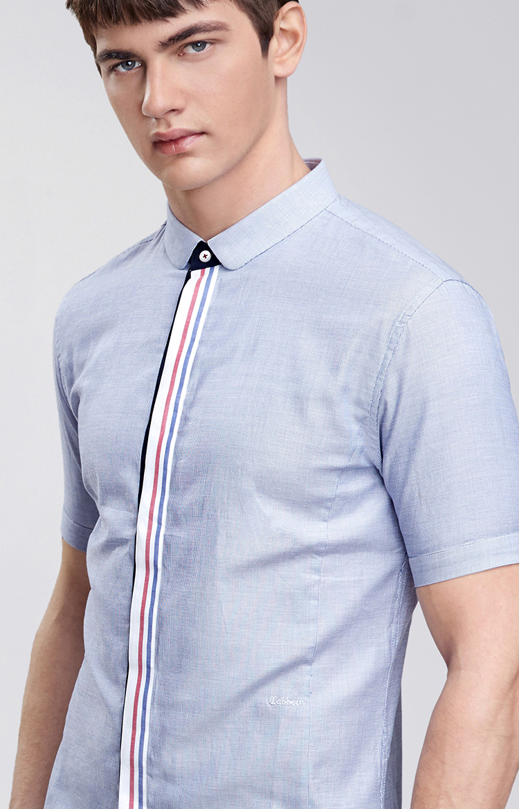 卡宾cabbeen纯棉休闲男士衬衫 细格纹修身圆角领短袖衬衣c/3152111056