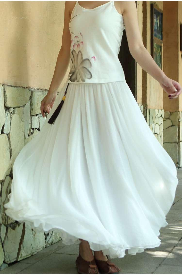 民国古良春夏新款锦丝皱民族风松紧腰大摆裙文艺复古长半身裙 白色