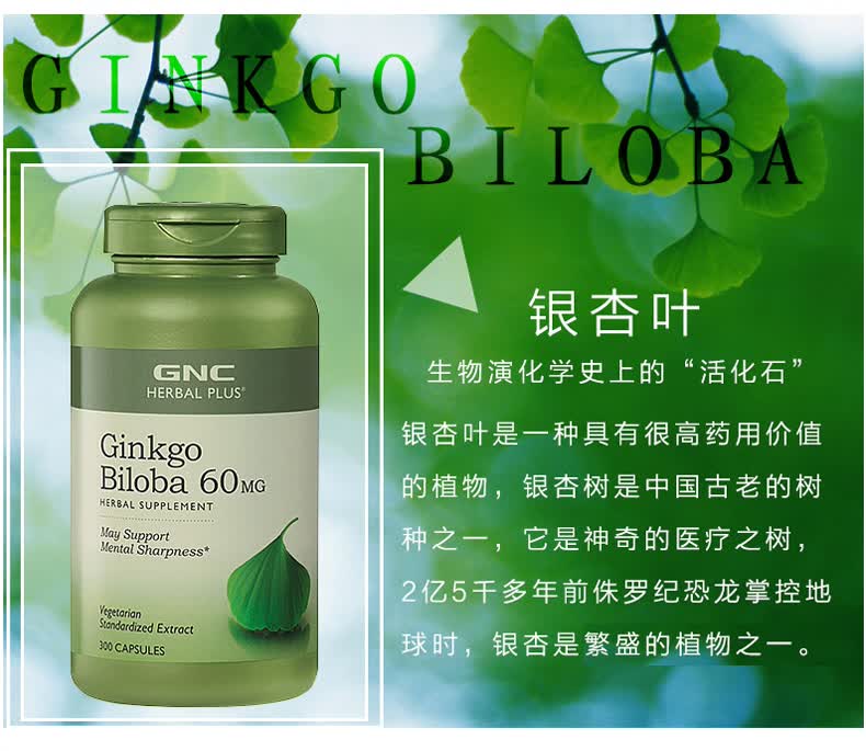 健安喜gnc银杏叶精华胶囊银杏叶提取物关爱父母美国原装进口60mg300粒
