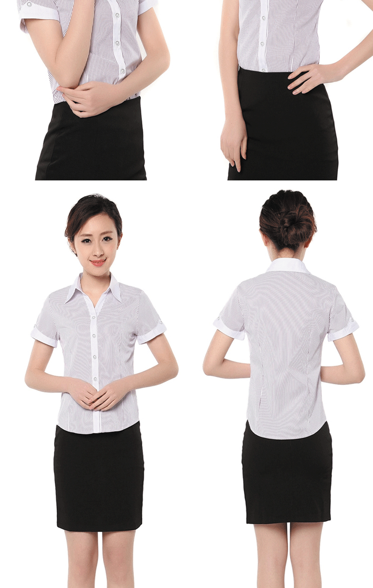 职业衬衫女短袖夏棉条纹工作服工装正装衬衣女装半袖大码修身 蓝色