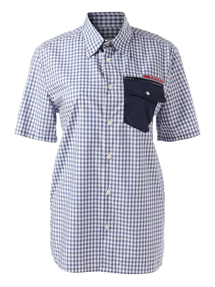 prada 普拉达 男士蓝色纯棉翻领短袖格纹装饰衬衫