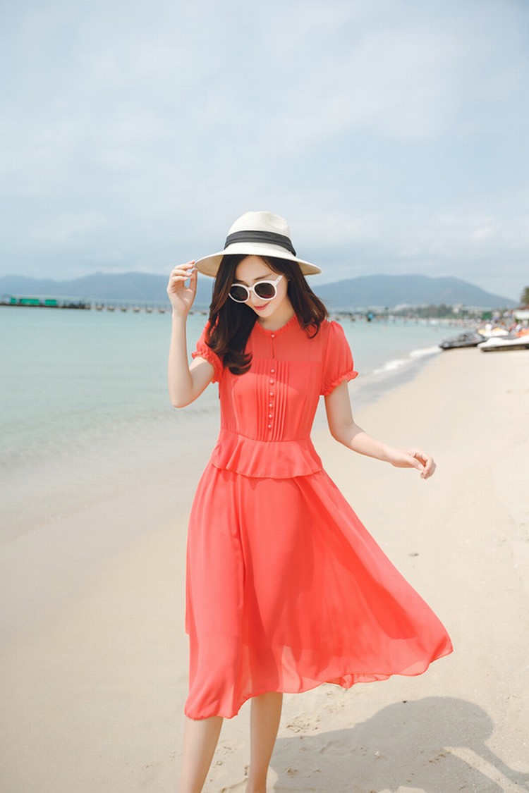 帛格2016沙滩裙夏季收腰修身显瘦泡泡袖淑女时尚气质通勤中长款雪纺