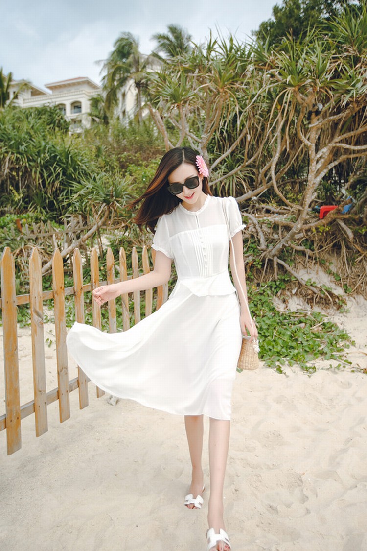 帛格2016沙滩裙夏季收腰修身显瘦泡泡袖淑女时尚气质通勤中长款雪纺