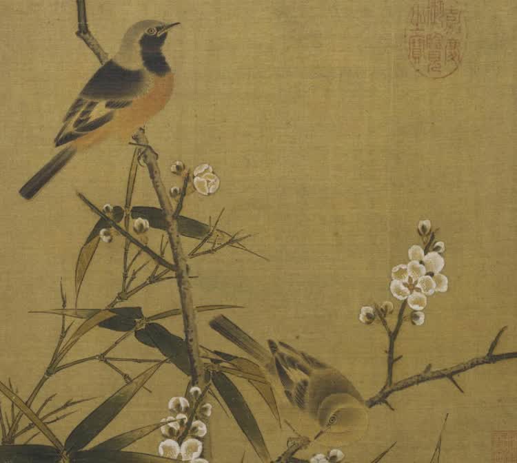 此图绘绿竹丛中,白梅二枝,枝疏花茂,袅娜清冷.