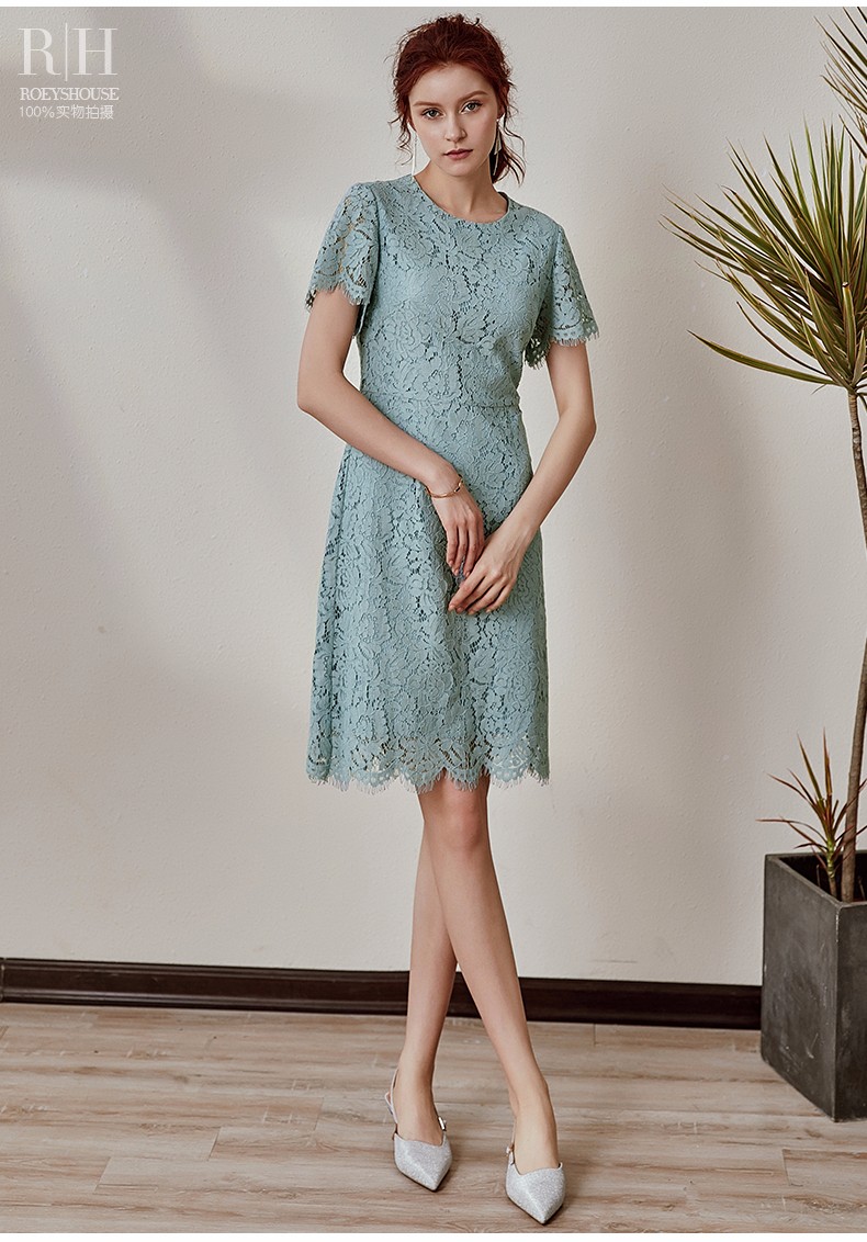 罗衣短袖连衣裙女夏装新款优雅蕾丝修身包臀雾蓝色裙子00079 雾蓝色