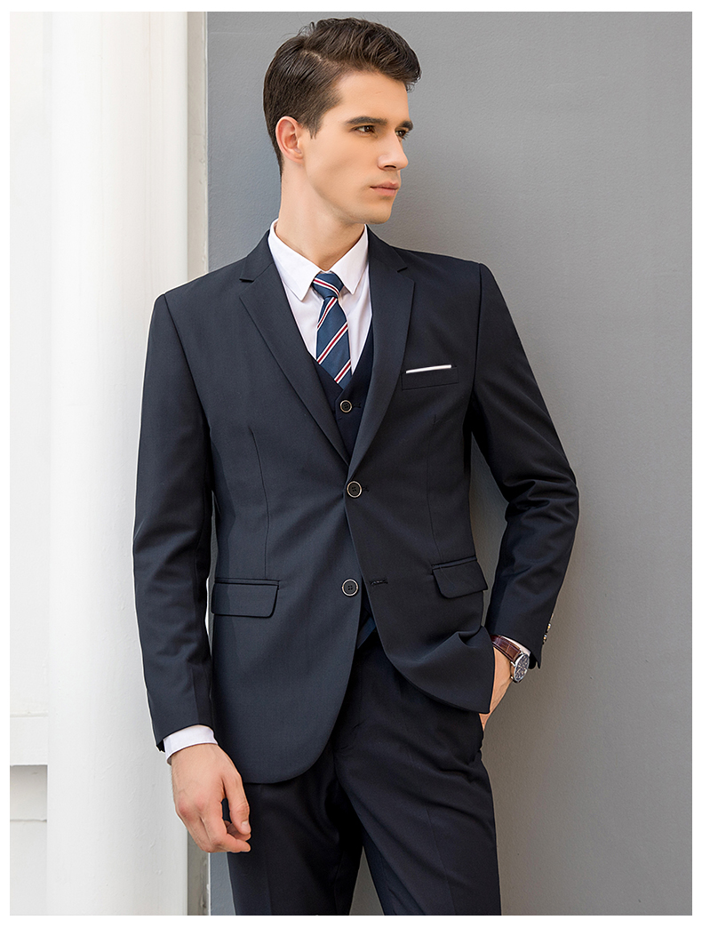 罗蒙(romon) 西服套装男士三件套新郎黑色礼服商务休闲正装主持人职业