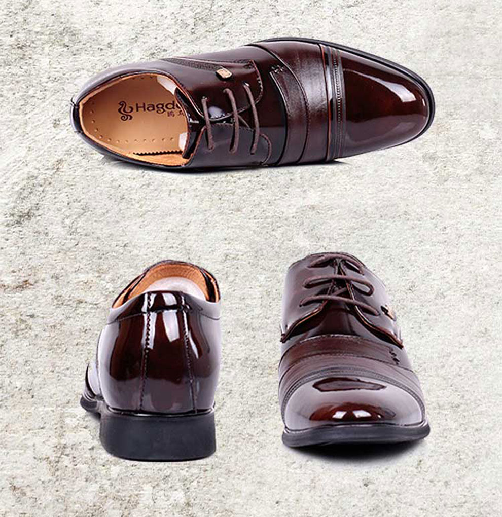 hagdon 鸥鸟王 男士漆光皮鞋商务休闲鞋正装男鞋隐形内增高7厘米 黑色