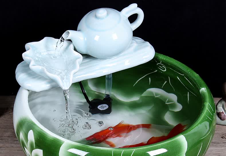 红得发紫 景德镇陶瓷鱼缸创意鱼盆乌龟缸 喷泉加湿器流水造景鱼缸摆件