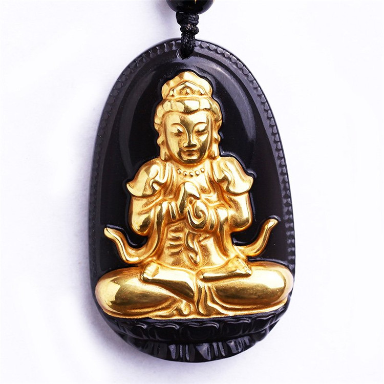皇福缘 黑曜石镀金色大日如来吊坠项坠男女 羊猴守护神 饰品 吊绳款