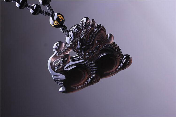 灵指 冰晶彩虹眼黑曜石麒麟吊坠项坠男士项链 普通挂绳