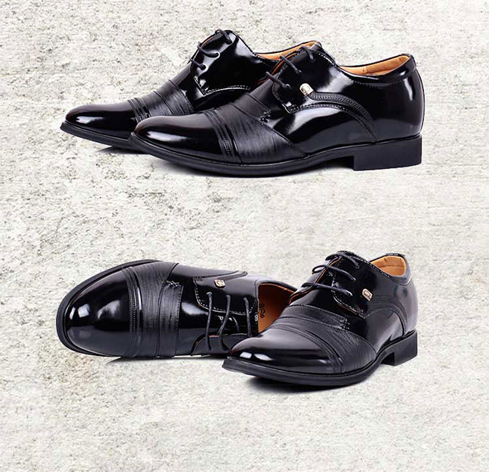 hagdon 鸥鸟王 男士漆光皮鞋商务休闲鞋正装男鞋隐形内增高7厘米 黑色