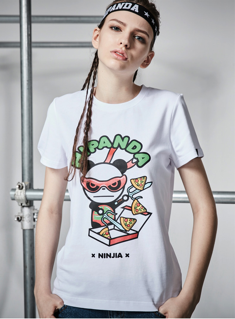 hipadna 你好熊猫 神龟拉斐尔三叉戟情侣款印花t恤 短袖 白色女款 s