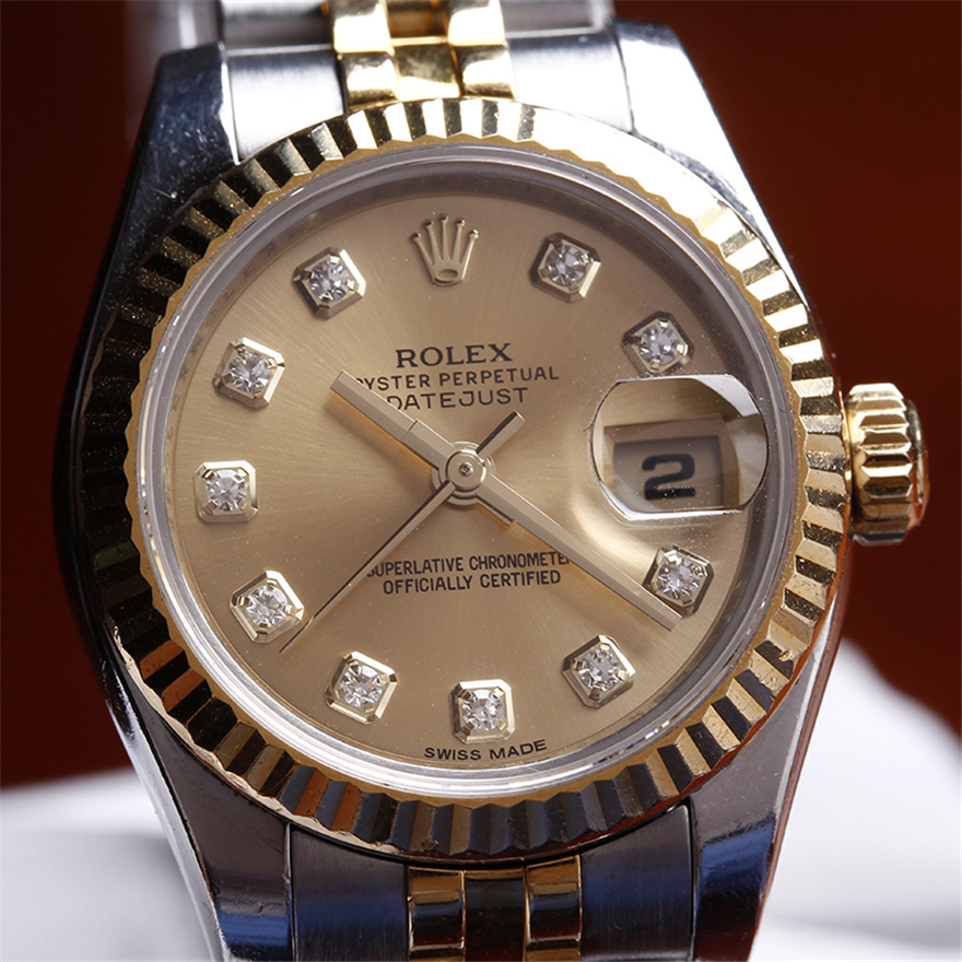 95新劳力士女装日志型179173香槟盘镶钻18k间金自动机械女表
