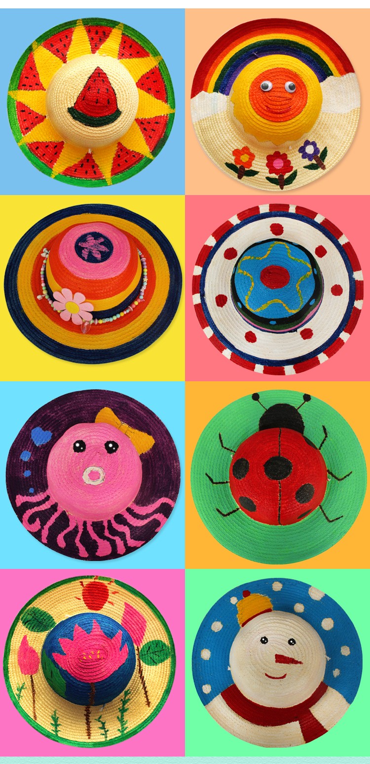 儿童手工草帽diy材料幼儿园涂鸦帽子创意制作美术绘画手绘彩绘闹钟