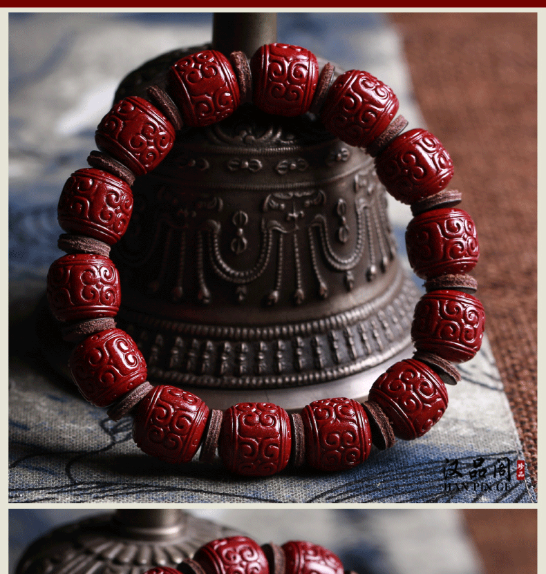 汉品阁红朱砂佛珠手链桶珠回纹男女紫金砂原矿色原石饰品本命年手工