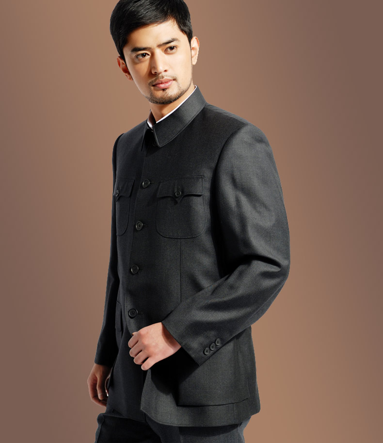 红都中山装套装进口羊毛翻领国服套装中老年中山服22655深灰色需其他
