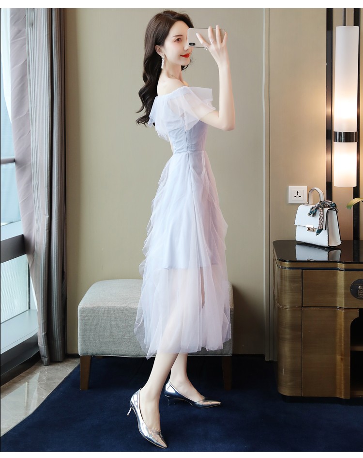 丝柏舍夏装女2019新款收腰超仙的网纱拼接一字领连衣裙s92b0576l 粉