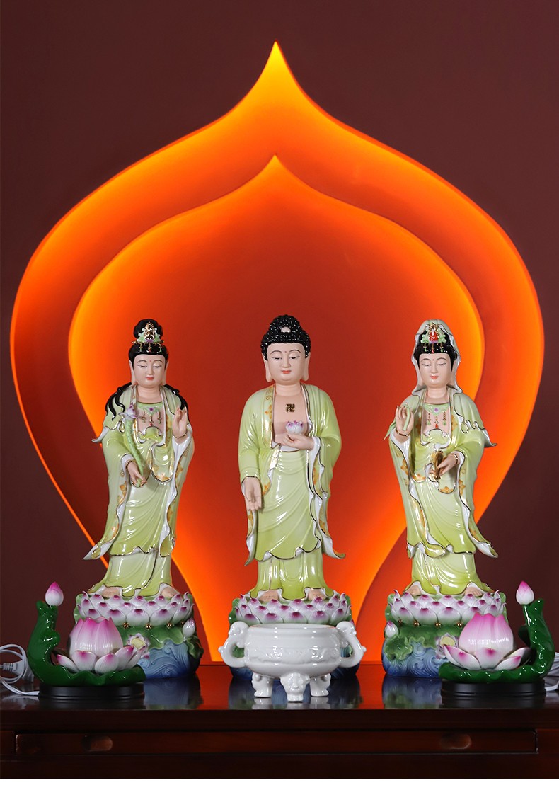 戴玉堂20吋立莲西方三圣陶瓷青花手绘观音菩萨如来佛大势至佛像摆件