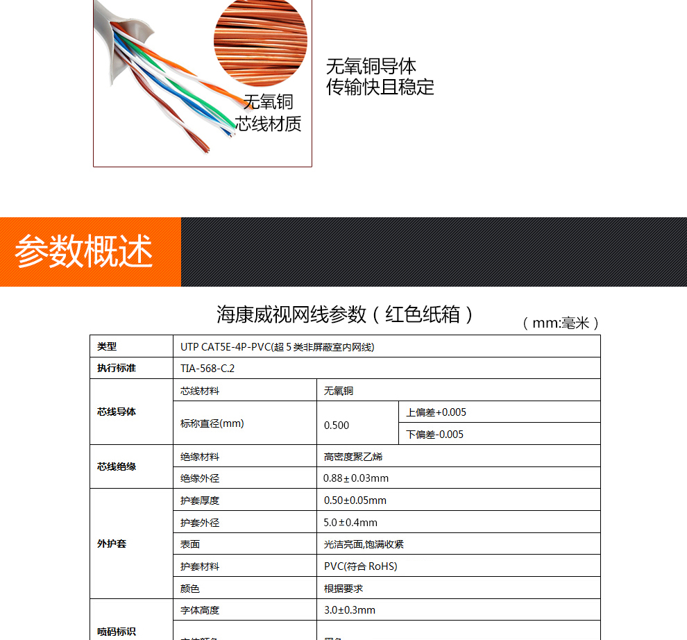 海康威视网线超5类非屏蔽室内网线 国标无氧铜 足米0.