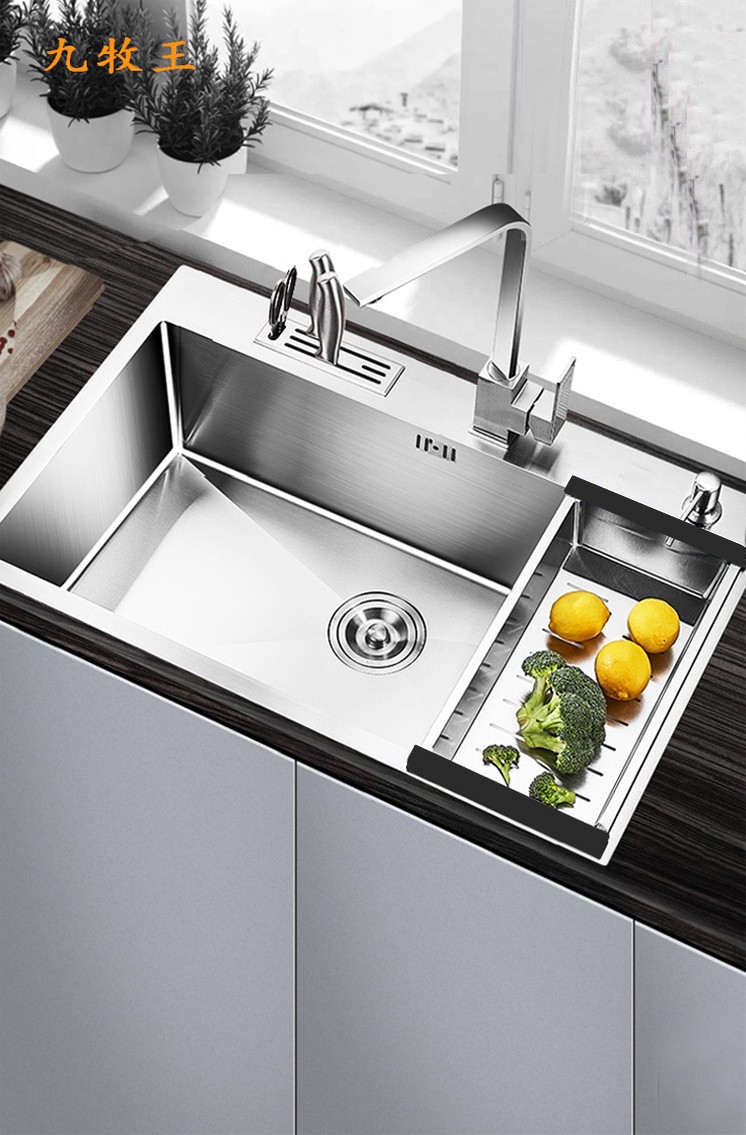九牧王加厚304拉丝不锈钢刀架手工水槽大单槽水龙头套装厨房洗菜盆洗