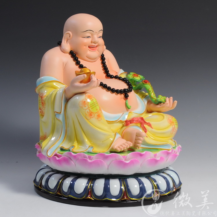微美德化陶瓷10吋12吋坐莲如意彩绘弥勒菩萨佛像白瓷弥勒佛摆件瓷器笑
