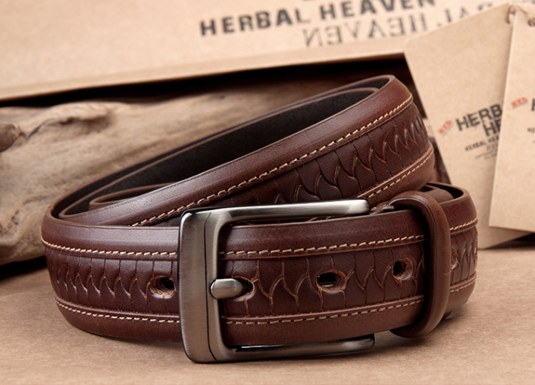 食草堂头层牛皮腰带针扣 皮带 时尚个性纹 商务休闲百搭腰带 咖啡色