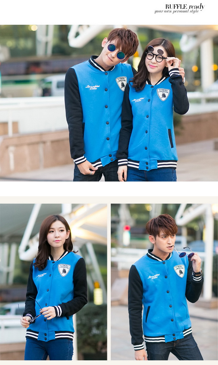 姿昵叶2016女抓绒开衫情侣装卫衣大码胖MM棒球服女韩版外套学生班 班服Y2036 蓝色 男 L