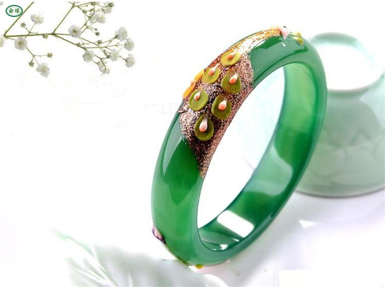 俞缘 绿玉髓玛瑙孔雀印花 贴花玛瑙镯子 窄版绿色玛瑙手镯 女款手饰品